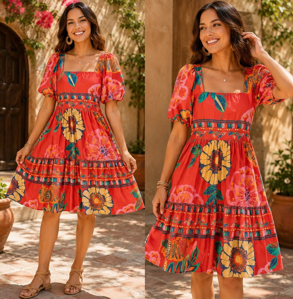 Maude Vivante Floral Poplin Puff Sleeve Mini Dress Red Size XL
